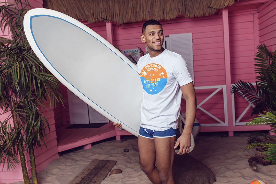 White T-shirt Swedish summer man with surf